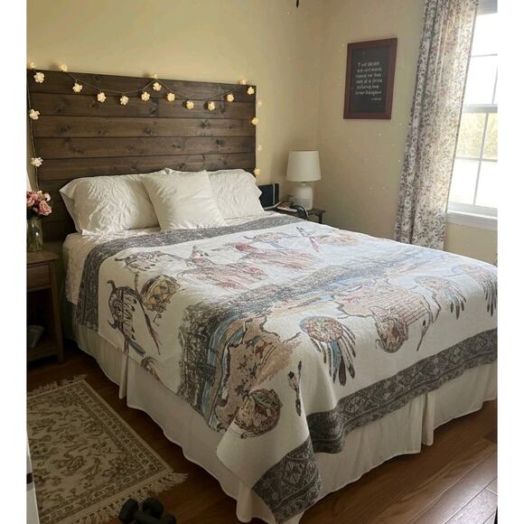 Vtg Aztec Boho Native American Indian Textile Bedding Throw Blanket 77&quot;x68&quot;